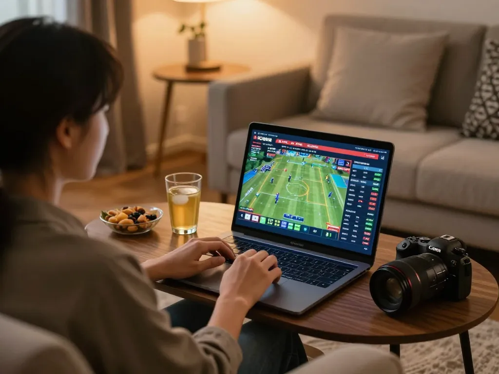 Person engaged in live sports betting on Fly88 platform at home, analyzing odds.