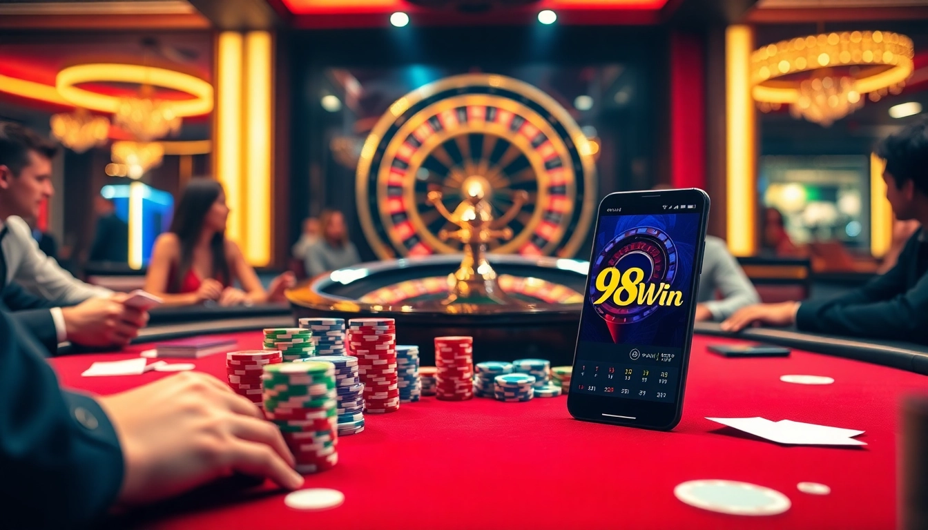 Experience high-stakes play with 98Win's vibrant casino scene featuring poker chips and cards.