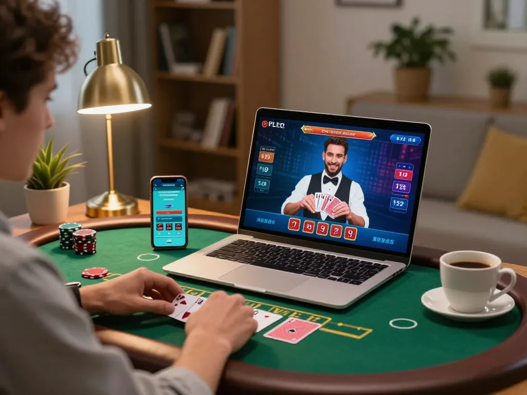 Engaging with bu88 live blackjack online, captures strategic gameplay at home with a cozy atmosphere.