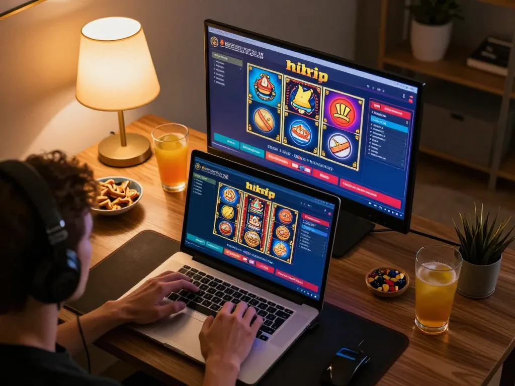 Player enjoying rikvip online gaming session with colorful slots on laptop screen, cozy home atmosphere