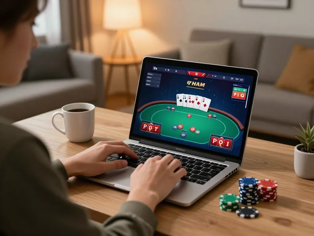 Person engaged in debet online gaming with poker strategy notes in cozy home office.