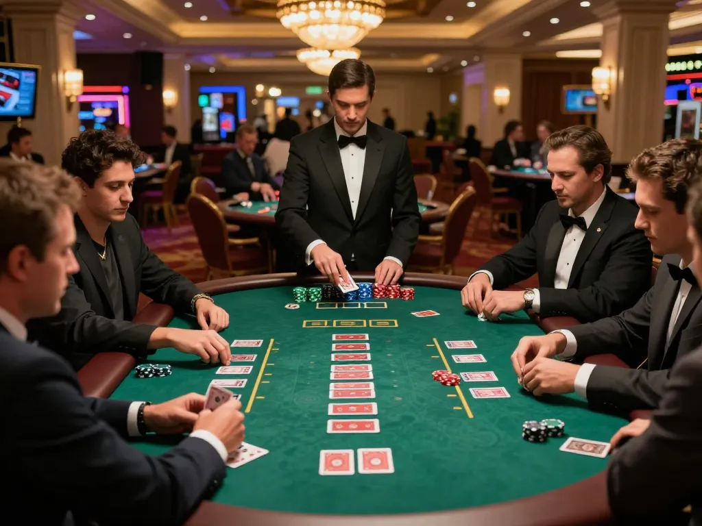 ONE88 blackjack players strategizing bets at an upscale casino table with vibrant decor
