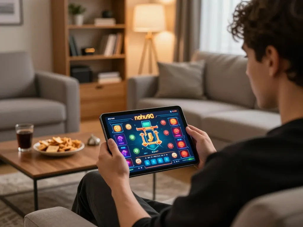Person using nohu90 casino app on tablet during a cozy home gaming session.