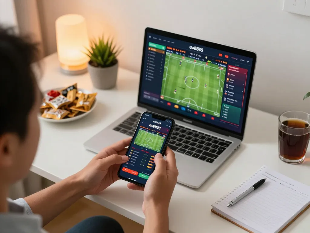 Engaging user placing a bet on uu8855 with dynamic sports graphics in a modern home setting.