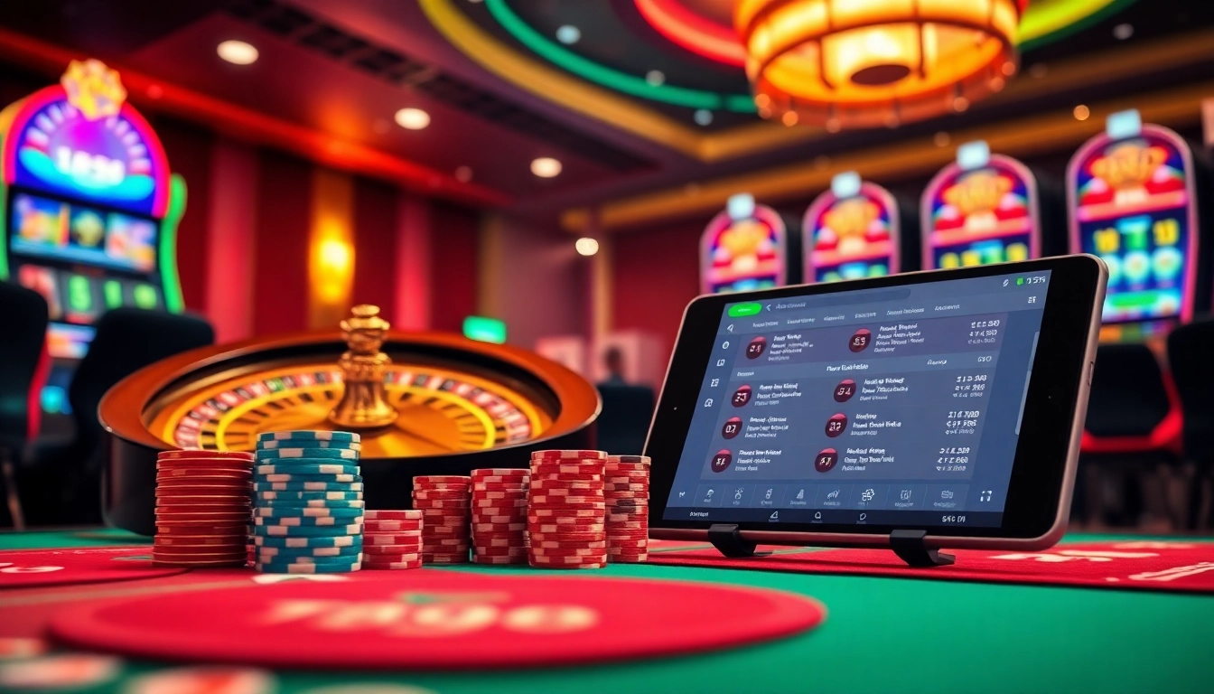Experience the excitement of 789bet with vibrant slot machines and a roulette wheel in a luxurious casino setting.