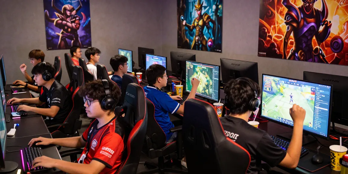 MMOO gaming event with enthusiasts cheering around screens.