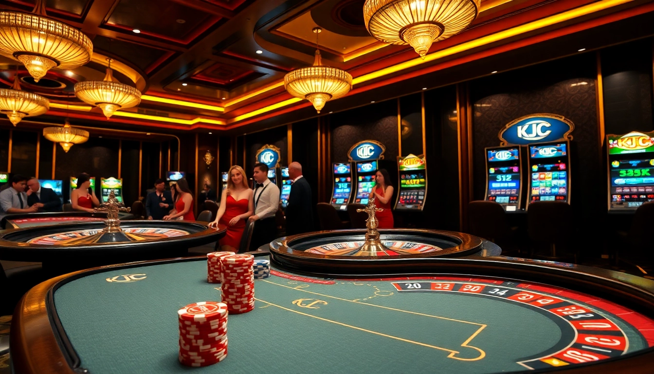 Players enjoying a high-stakes game at KJC casino, surrounded by roulette and slot machines.