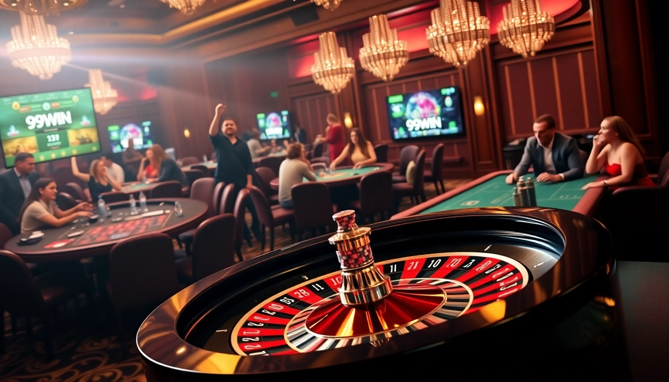 Experience thrilling gaming action at https://99win.dev/ with vibrant casino tables, roulette, and poker chips.