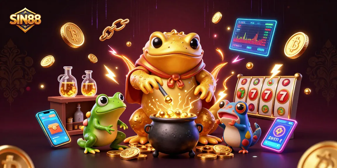 SIN88 showcases alchemist and frog in a vibrant digital casino scene, symbolizing wealth.