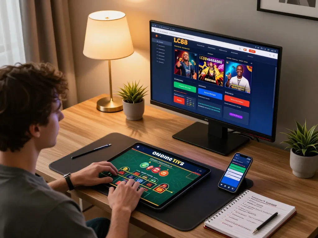 Player strategizing on lc88 with laptop and tablet in a cozy home gaming setup, showing commitment to responsible gambling.