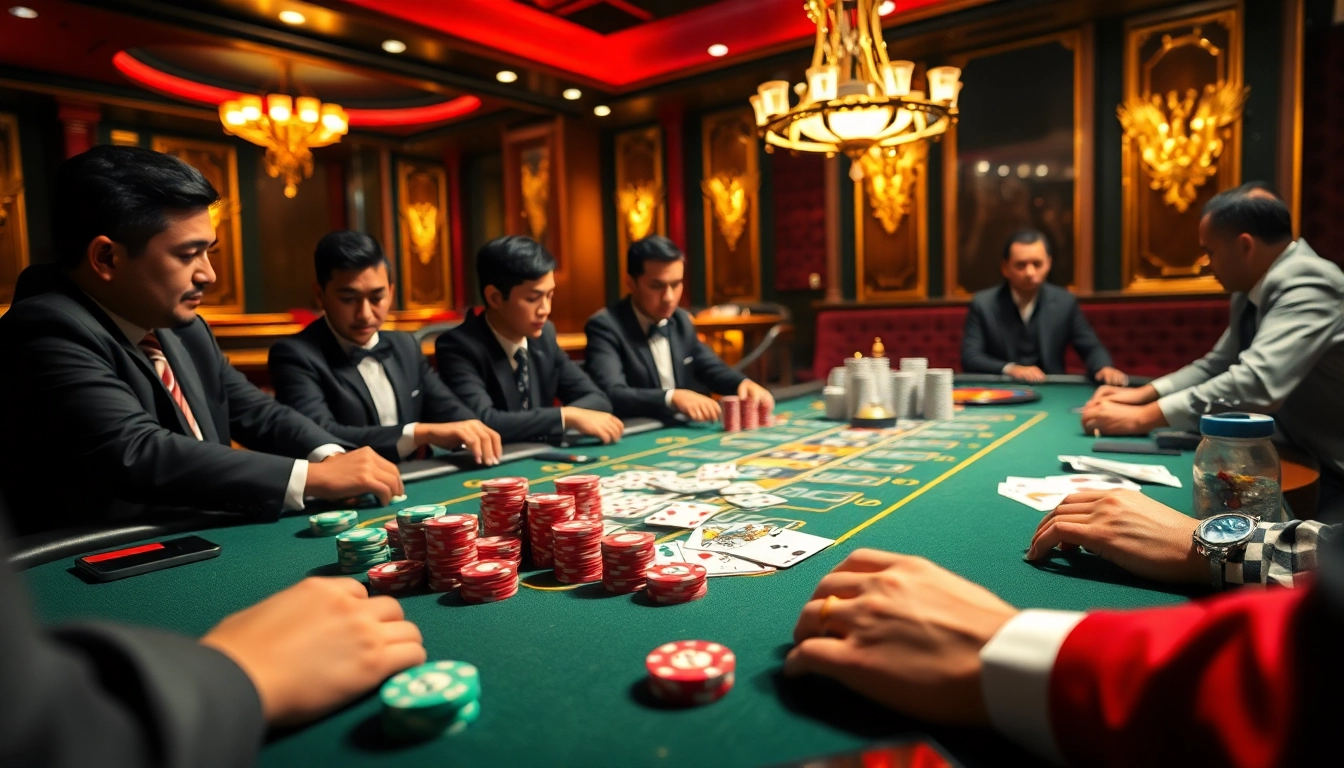 Tải app Hitclub for an exhilarating poker night in a luxurious casino setting with vibrant atmosphere.