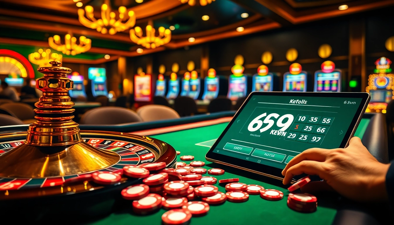 Exciting gameplay at 69vn with vibrant casino tables and roulette wheels.