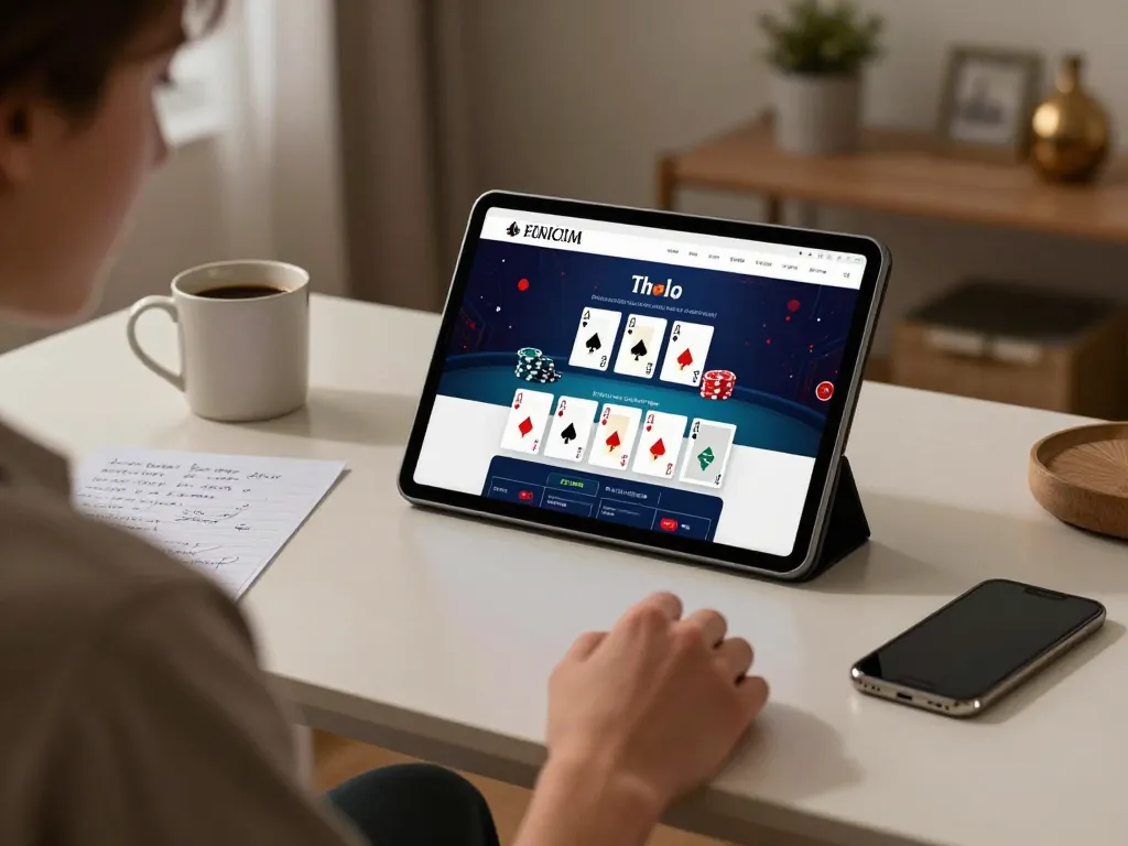 Iwin user engaged in a strategic online poker game via tablet, showcasing thoughtful gameplay.