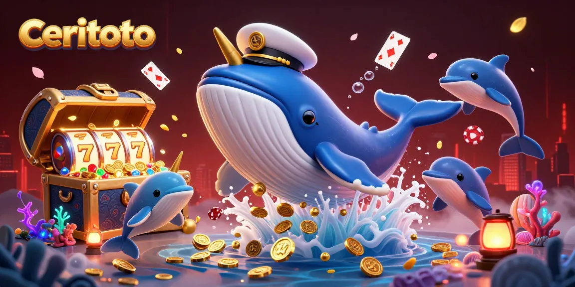 Play engaging games at ceritoto with exciting 3D illustration of whales and poker chips in vibrant casino scene.