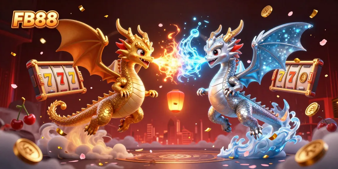 Experience the thrills of FB88 with a dynamic scene of dragons entwined amid slot game elements.