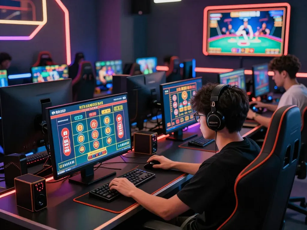 Dynamic online gaming scene showcasing a professional gambling setup with vmax games on multiple screens.
