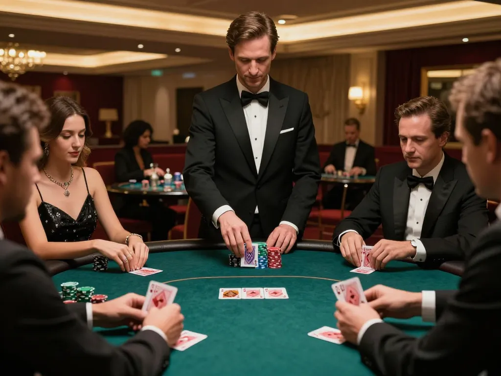 BL555 poker game action with players evaluating cards in a luxurious casino setting.