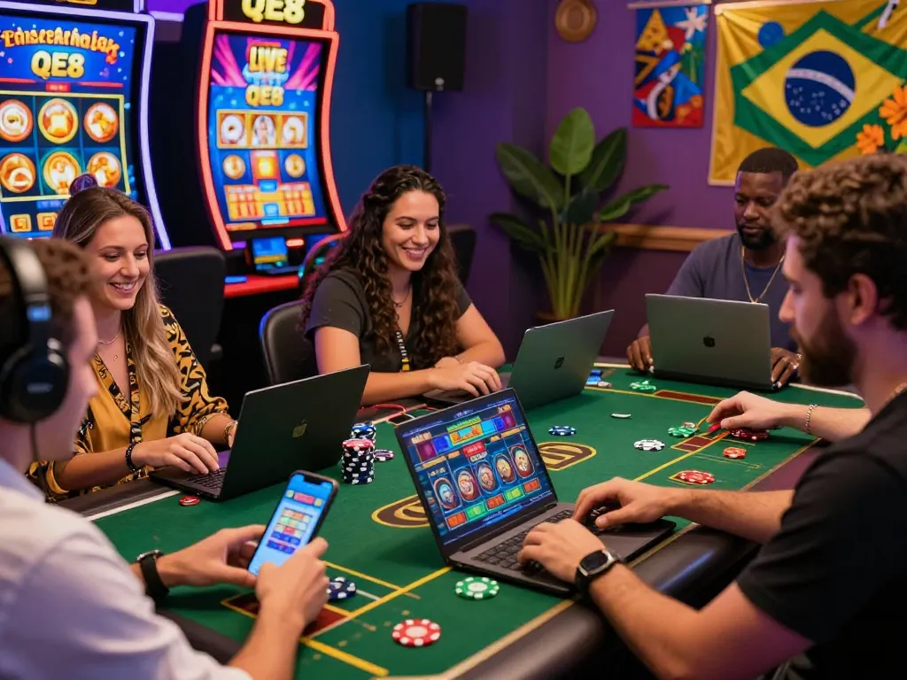 Players enjoying the QE8 online gambling platform with vibrant games and devices in a lively setting.