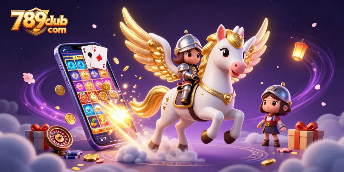Experience thrilling games at 789club com with a dynamic 3D illustration of a knight and celestial horse.