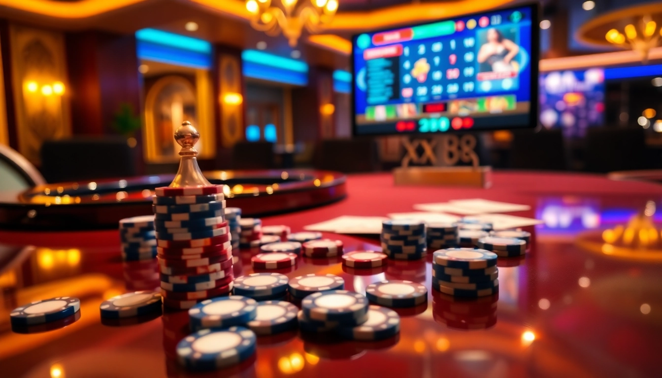 Experience high-stakes gaming at xx88 with vibrant poker chips and an elegant casino table.