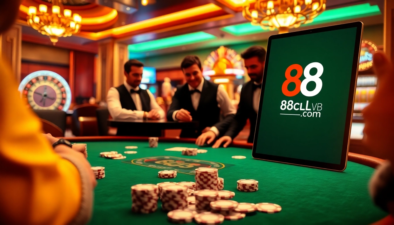 This vibrant casino scene highlights players engaged in a poker game while emphasizing the online gambling experience at 88clb com, inviting new gamers.