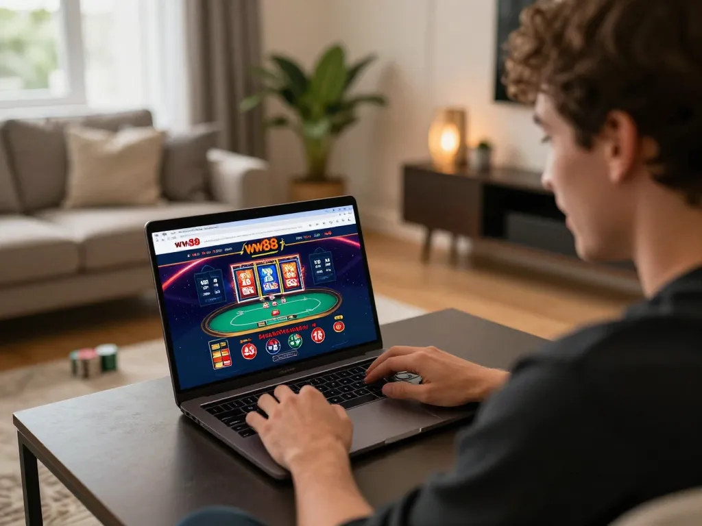 Engaging in strategic gameplay on the ww88 online casino interface with warm ambient lighting