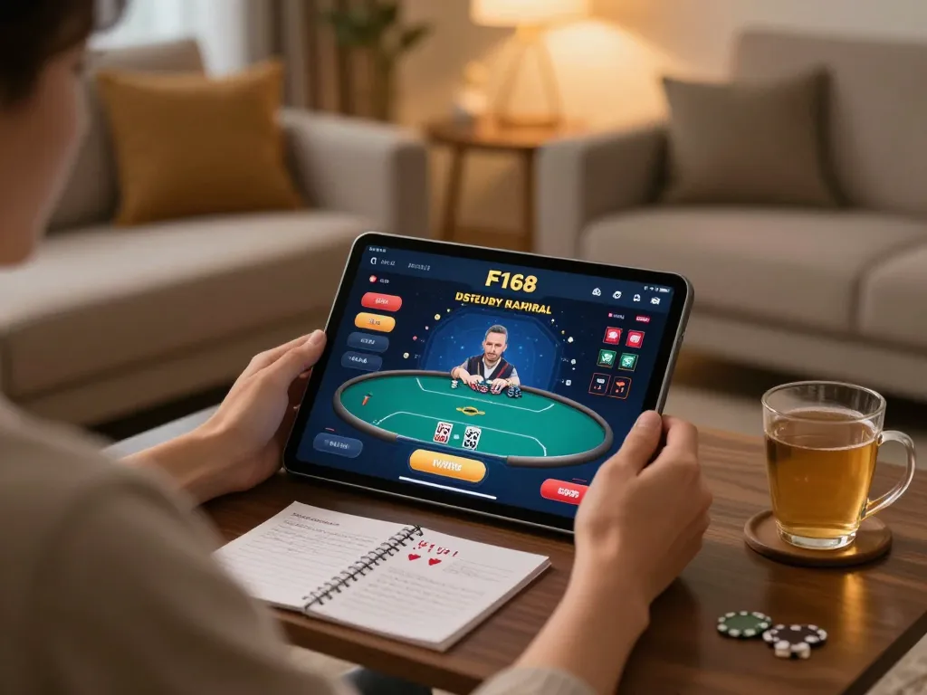 Active user engaging with F168 online poker on tablet in cozy living room.
