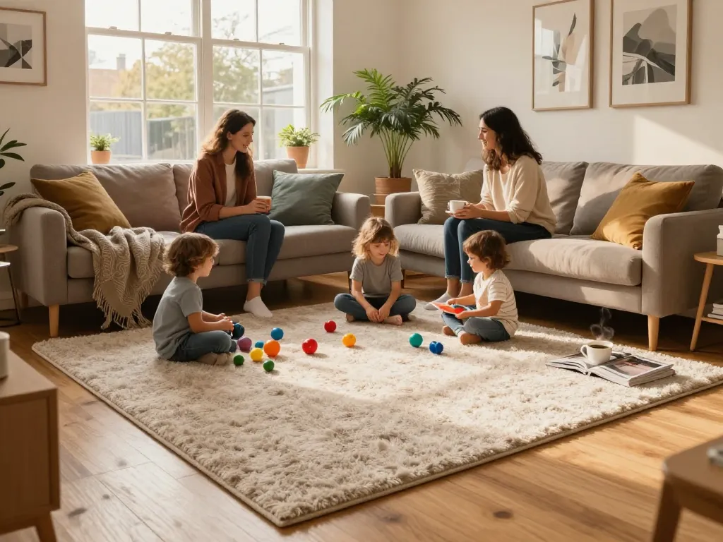 Beautiful living room with affordable carpets London, showcasing a cozy atmosphere, family enjoying time together.