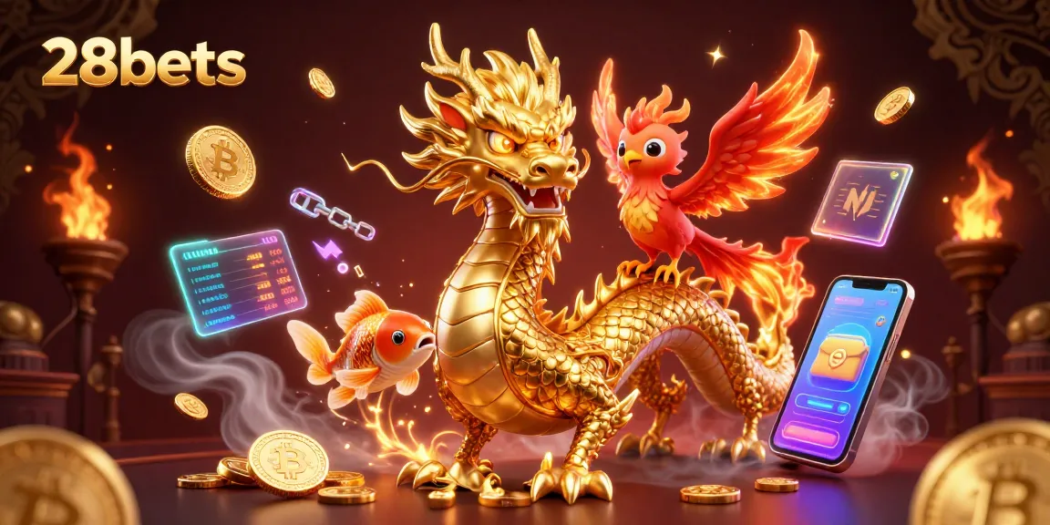 Bet on exhilarating moments at 28bets with a golden dragon, phoenix, and koi fish amidst a wealth of coins.