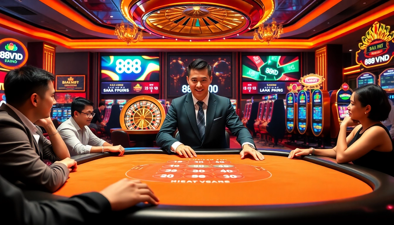 Exciting poker action at 888VND casino with professional dealers and vibrant slot machines.