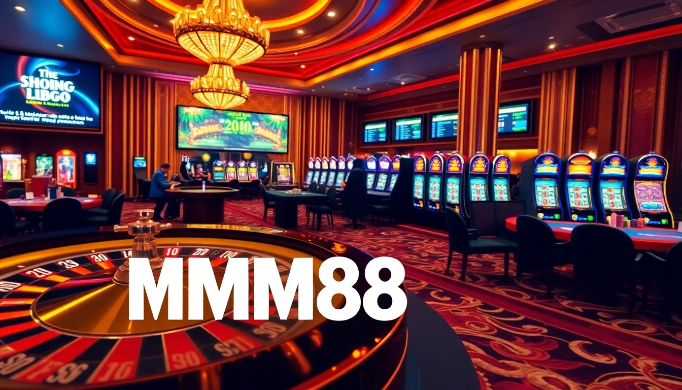 Players engaging in games at an MM88 casino, showcasing vibrant slot machines and poker tables.