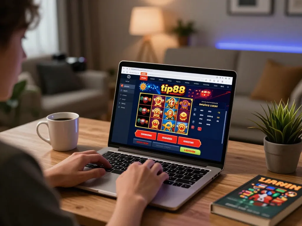 Engaging moment at home with tip88 online casino on laptop screen, showcasing vibrant gaming interface.