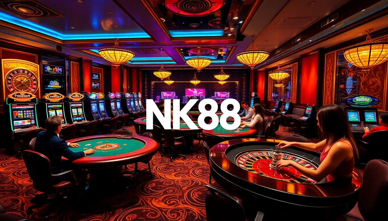 Exciting gambling action at NK88 casino with players at poker tables and slot machines.