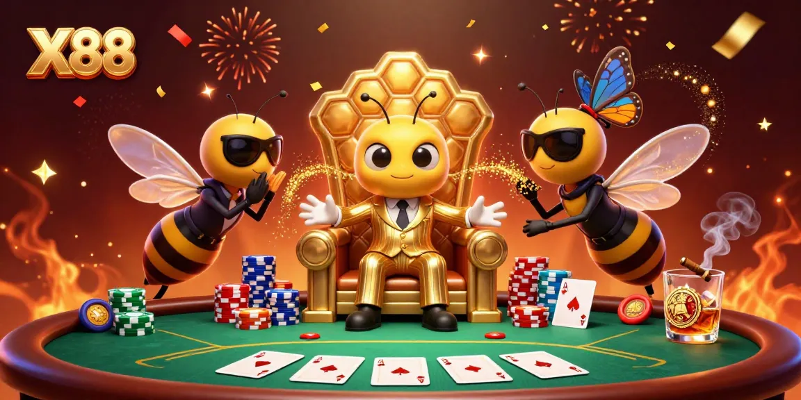 X88 players strategizing at a dynamic poker table surrounded by vibrant casino elements