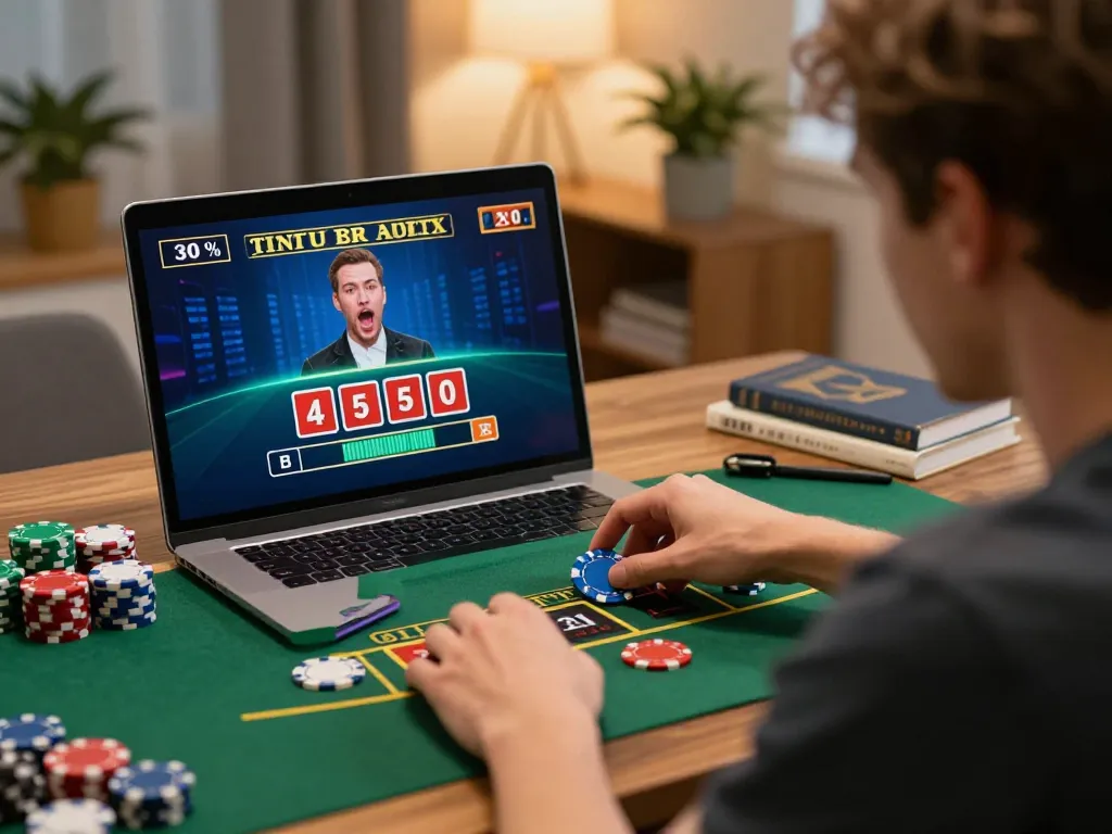 Debet session showing a player placing a bet during an online blackjack game at home, illustrating strategic gaming.