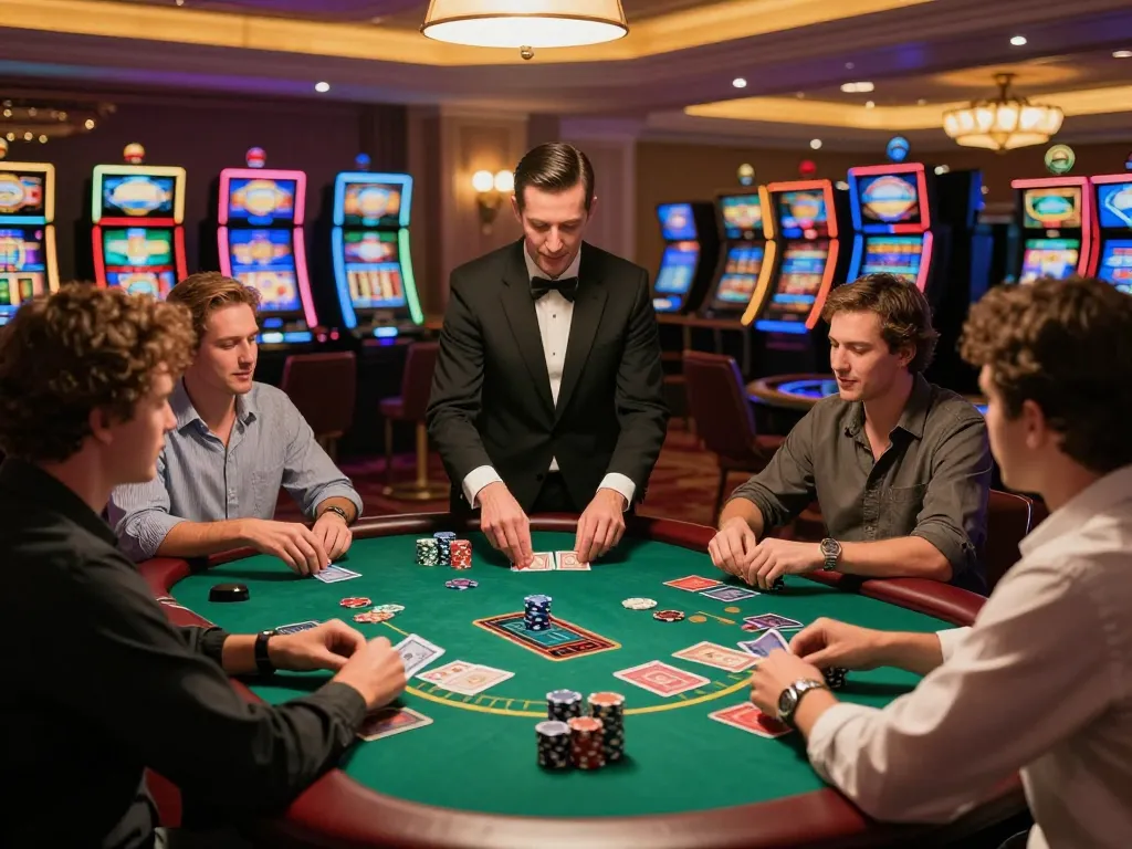 Players engaged in strategic blackjack gameplay at hb88 casino with vibrant atmosphere and dealer interaction