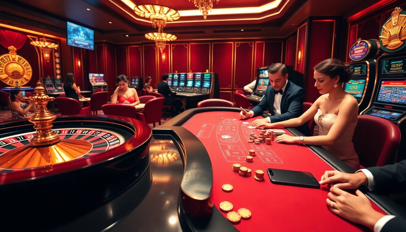 Players enjoying exciting games at 88vv casino, featuring roulette, poker, and slots in a luxurious atmosphere.