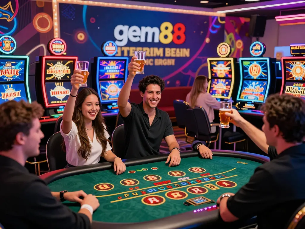 Engaged players celebrating a win at gem88's online casino, showcasing vibrant gaming atmosphere and excitement.