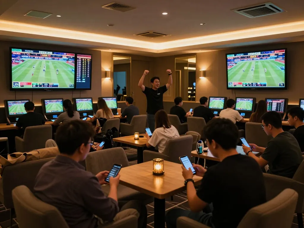 RR88 patrons engaging with live sports betting options in a modern lounge atmosphere