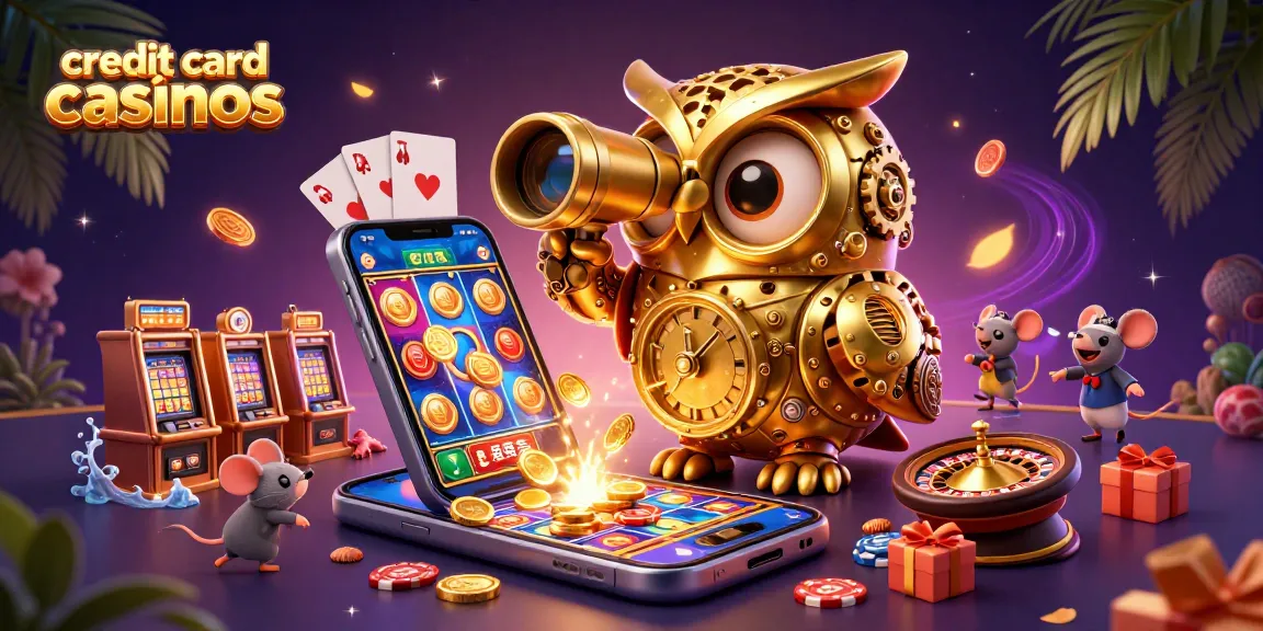 Engage with vibrant credit card casinos featuring a whimsical clockwork owl, slot machines, and gaming elements.