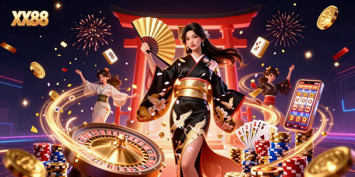Experience dynamic gaming action with XX88, showcasing vibrant slots and a lively casino atmosphere.