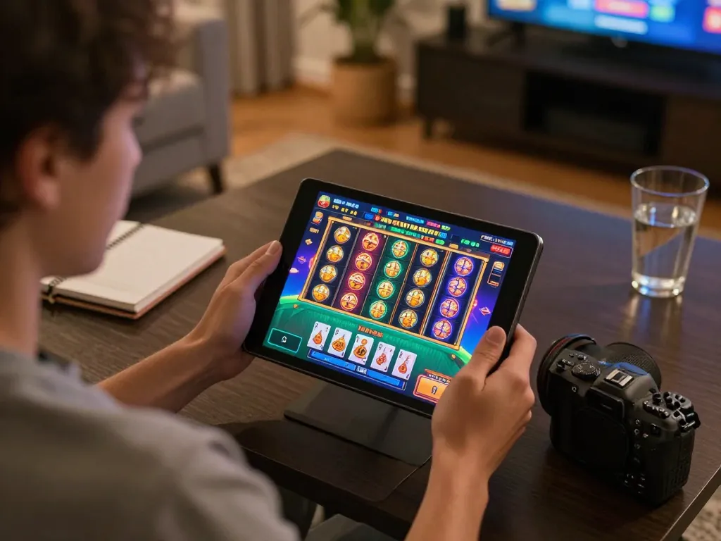Player enjoying F8BET online gaming on a tablet in a cozy living room setting with engaging game display