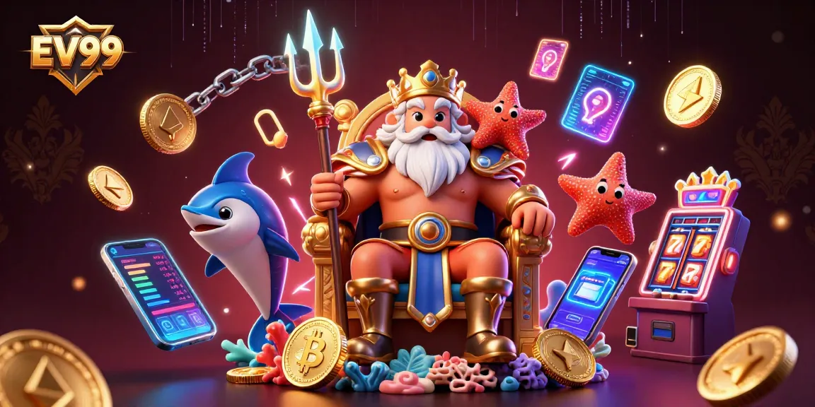 Experience EV99's vibrant casino action with Neptune and samurai surrounded by slot games and cryptocurrency elements.