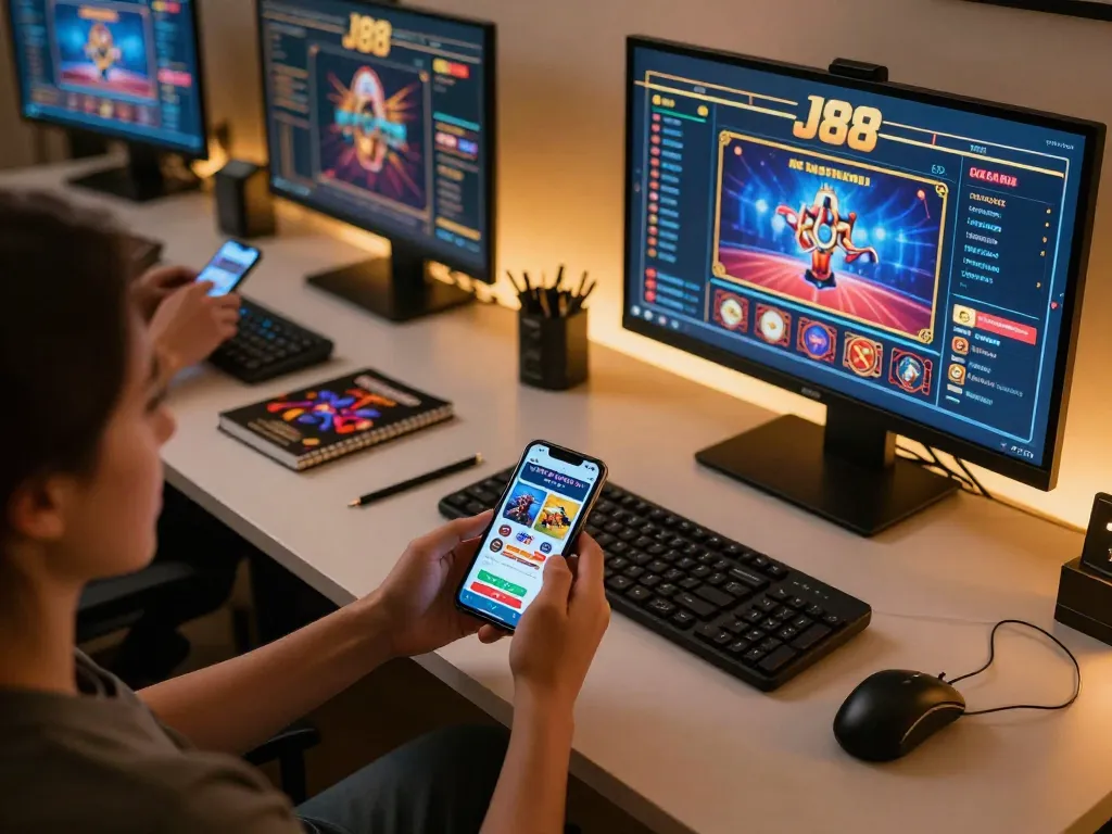 Engaging gameplay on J88 mobile app with user placing bets in a cozy home setup