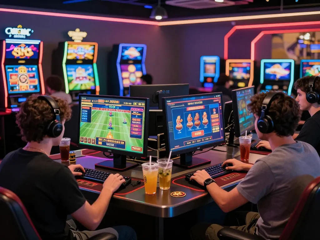 Exciting jun 88 online gaming atmosphere with players at vibrant screens.