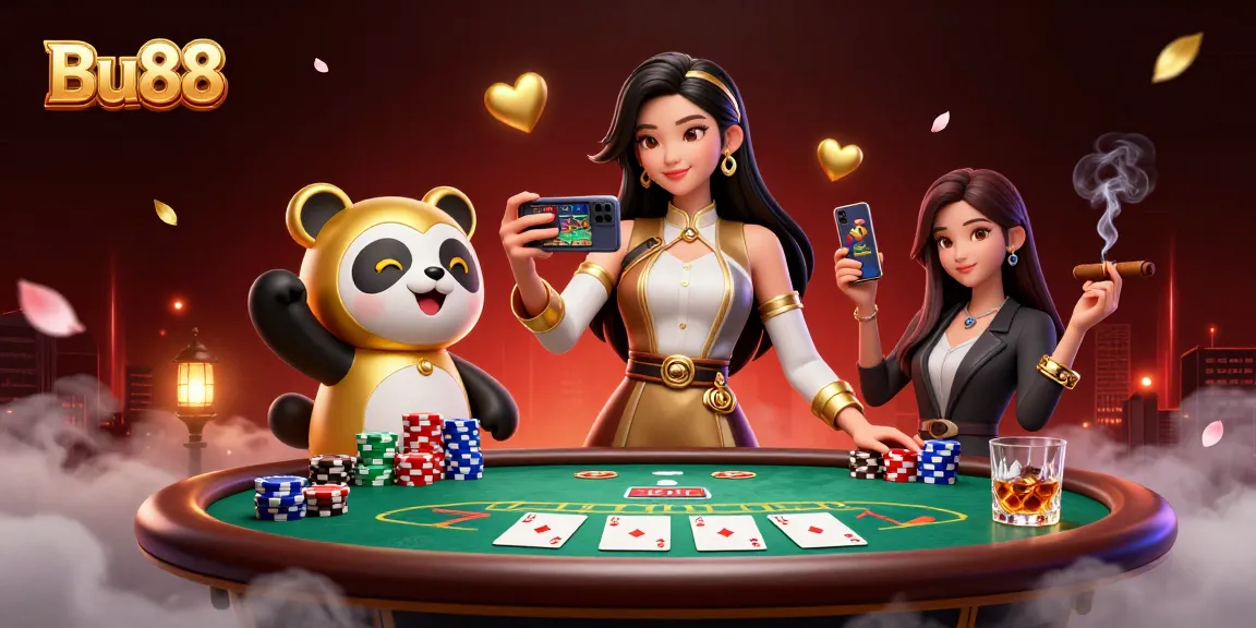 Bu88 illustration showcasing an Asian woman playing a live casino game with a fun panda mascot.