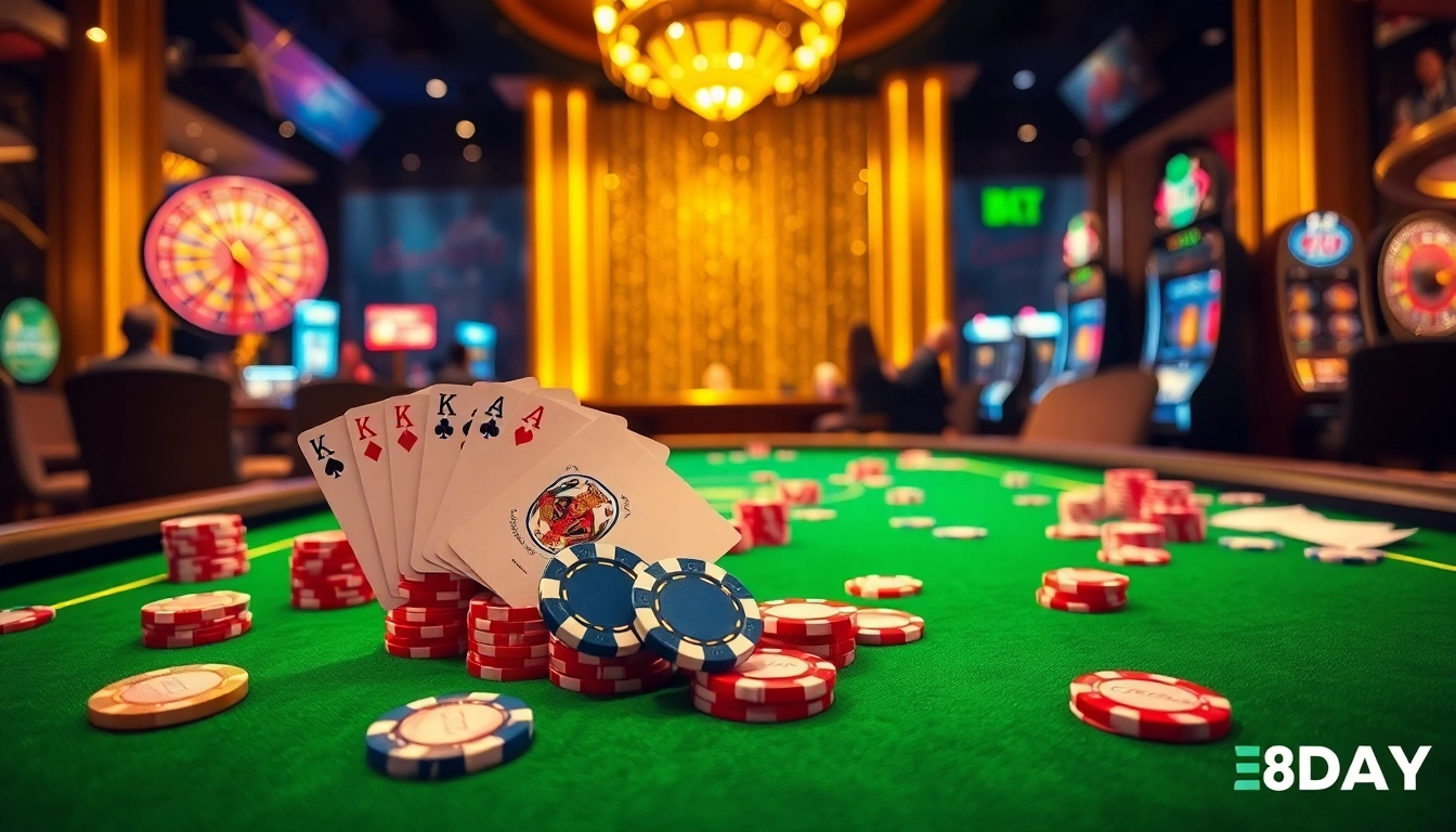 Players enjoying an exciting poker game with vibrant chips at the 8DAY casino.