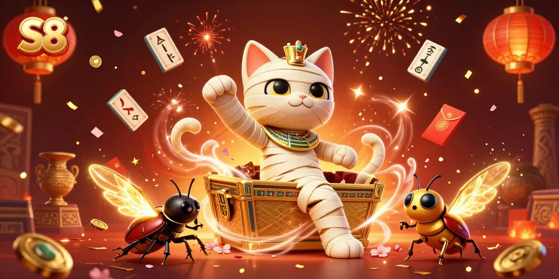 S8 captures excitement with a mummy cat and scarab beetle amidst vibrant casino elements.