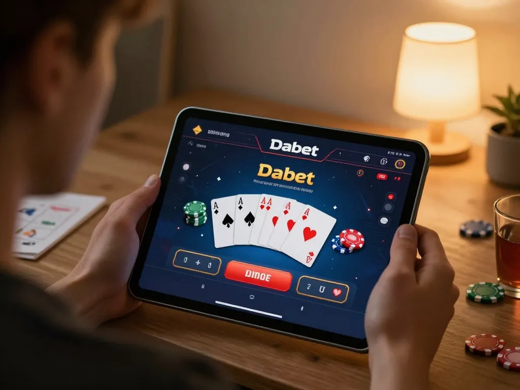 Player engaging with Dabet casino interface on tablet, showcasing online gaming experience in cozy setting