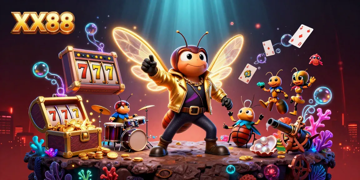 Experience the vibrant energy of XX88 with a cartoon rock star in a dynamic casino scene.